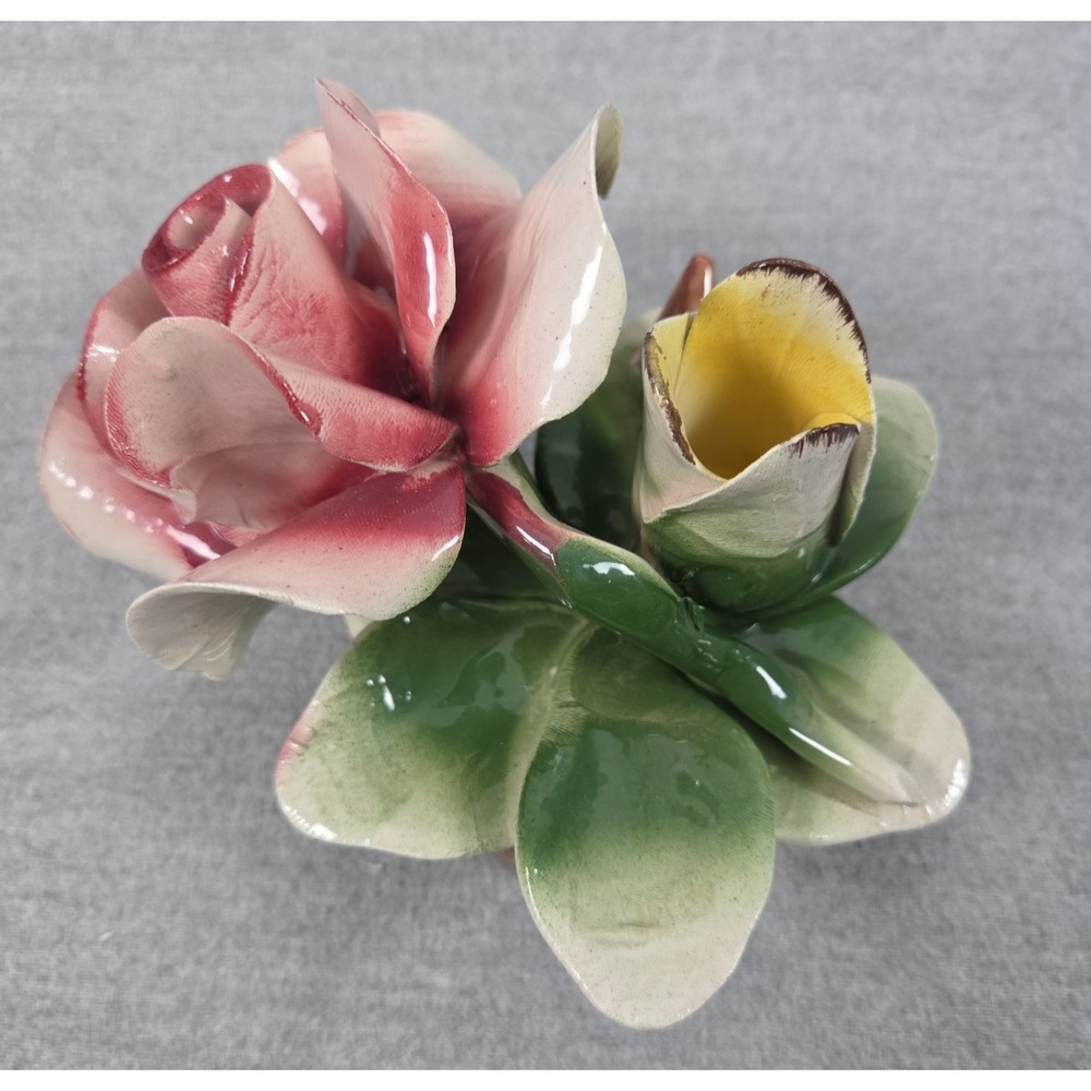 Vintage Capodimonte Italy Porcelain Candle Holder Pink Yellow Rose No Chips